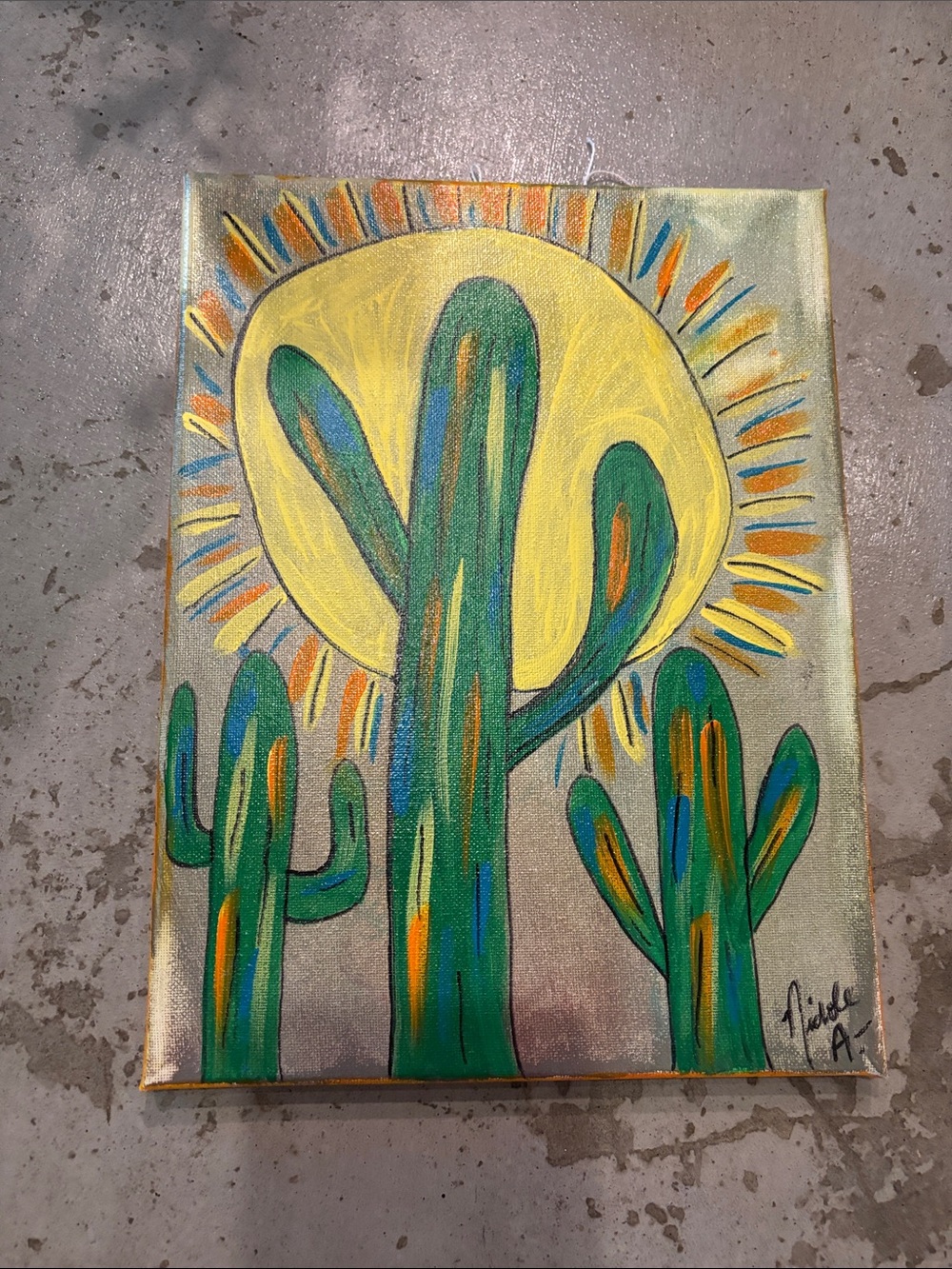 Hand-Painted Green Cactus Sun Canvas Wall Art